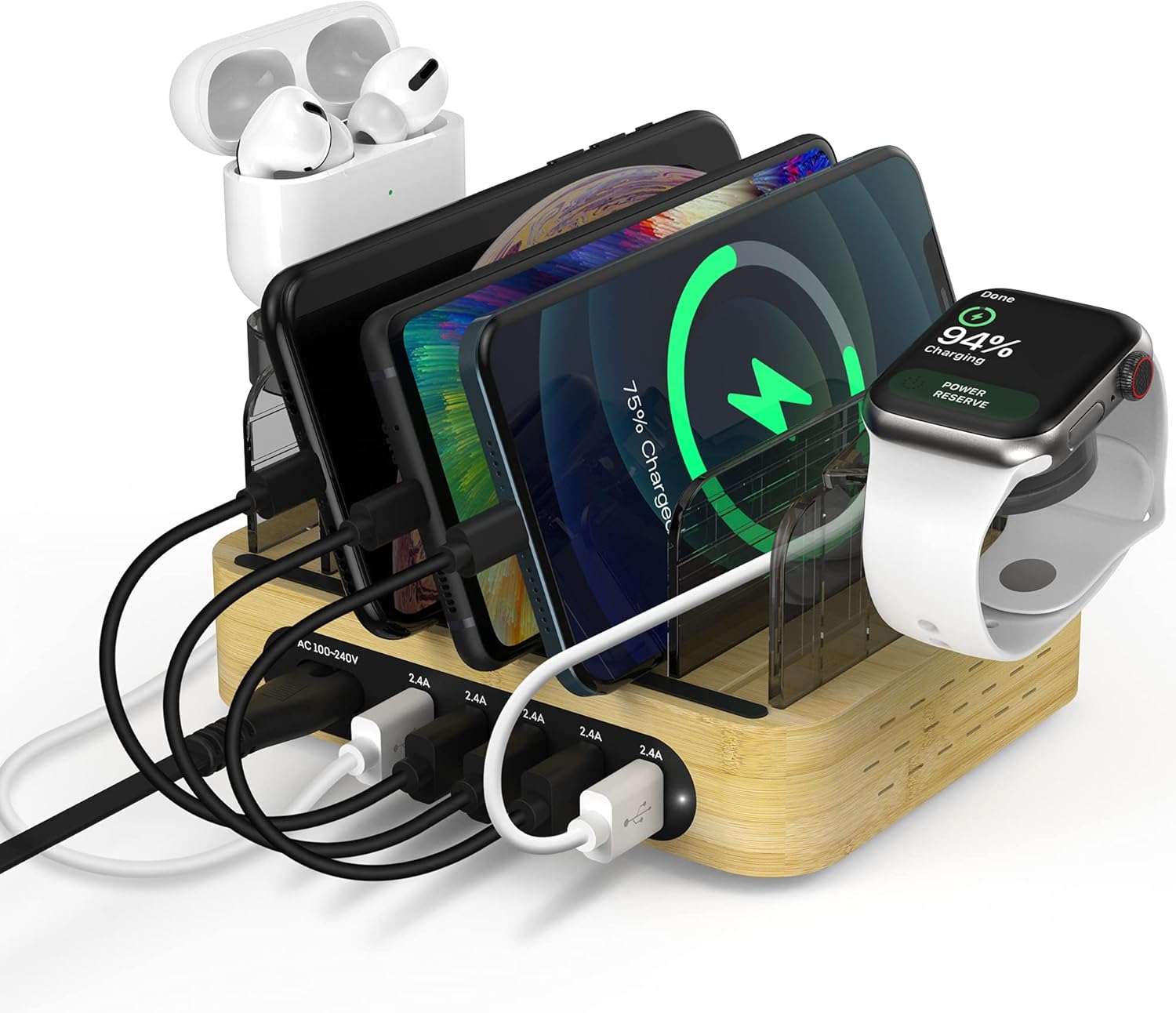 Bamboo Charging Station for Multiple Devices, 40W 5-Port Desktop USB Charger, Charging Stand Dock Compatible iPhone 11/Pro/Max, Galaxy S9/S8, iPad, Tablet and More (5 Charging Cables Included): Electronics