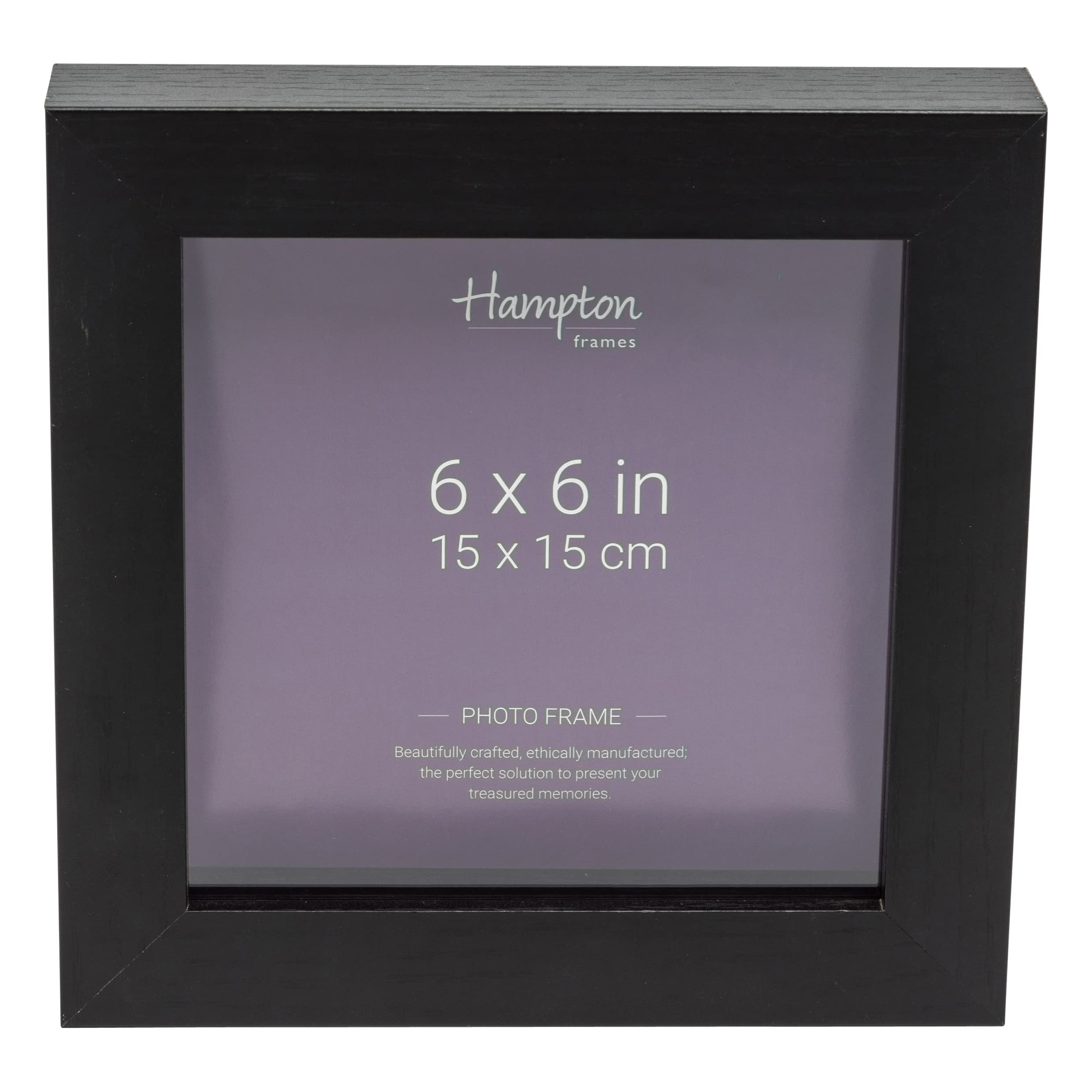 Hampton Frames | Photo Frame | 6x6 (15x15cm), Black, Square | Deep 35mm Profile, MDF Wood Effect, Acrylic Aperture | Freestanding or Wall Mount, Display for Photos