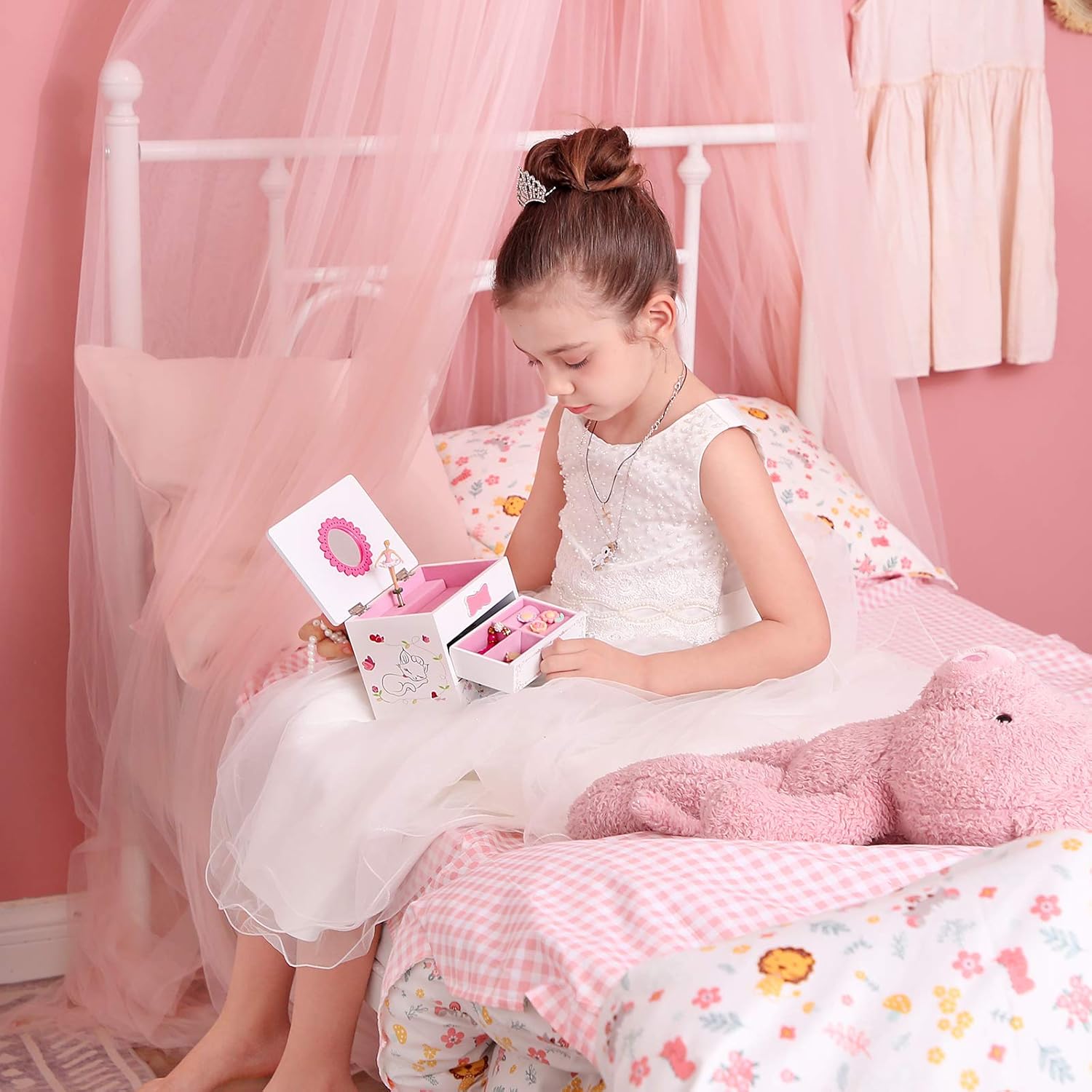 SONGMICS Ballerina Music Jewelry Box for Little Girls, Cartoon Cat, Fur Elise Melody, 5.9"L x 4.5"W x 4.8"H, White: Furniture & Decor