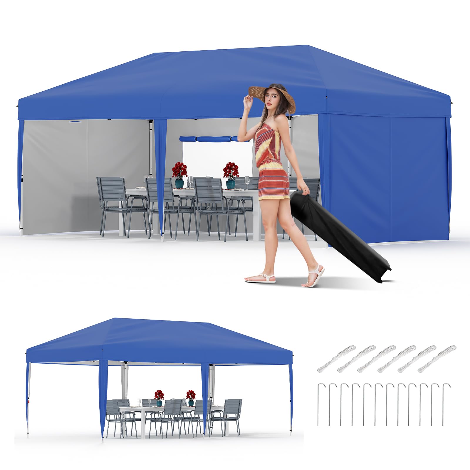 Photo 1 of 10x20 Pop Up Canopy with 4 Sidewalls - Heavy Duty Outdoor Canopy Tent with Portable Roller Bag - 3 Adjustable Height, 4 Weight Bags, 8 Stakes & 6 Guy Ropes Included, Blue