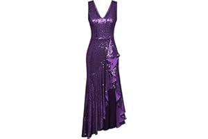 GRACE KARIN Womens Sequin Dress Sleeveless Cocktail Dress High Low Hem Wedding Party Ruffle Maxi Dress Evening Gown
