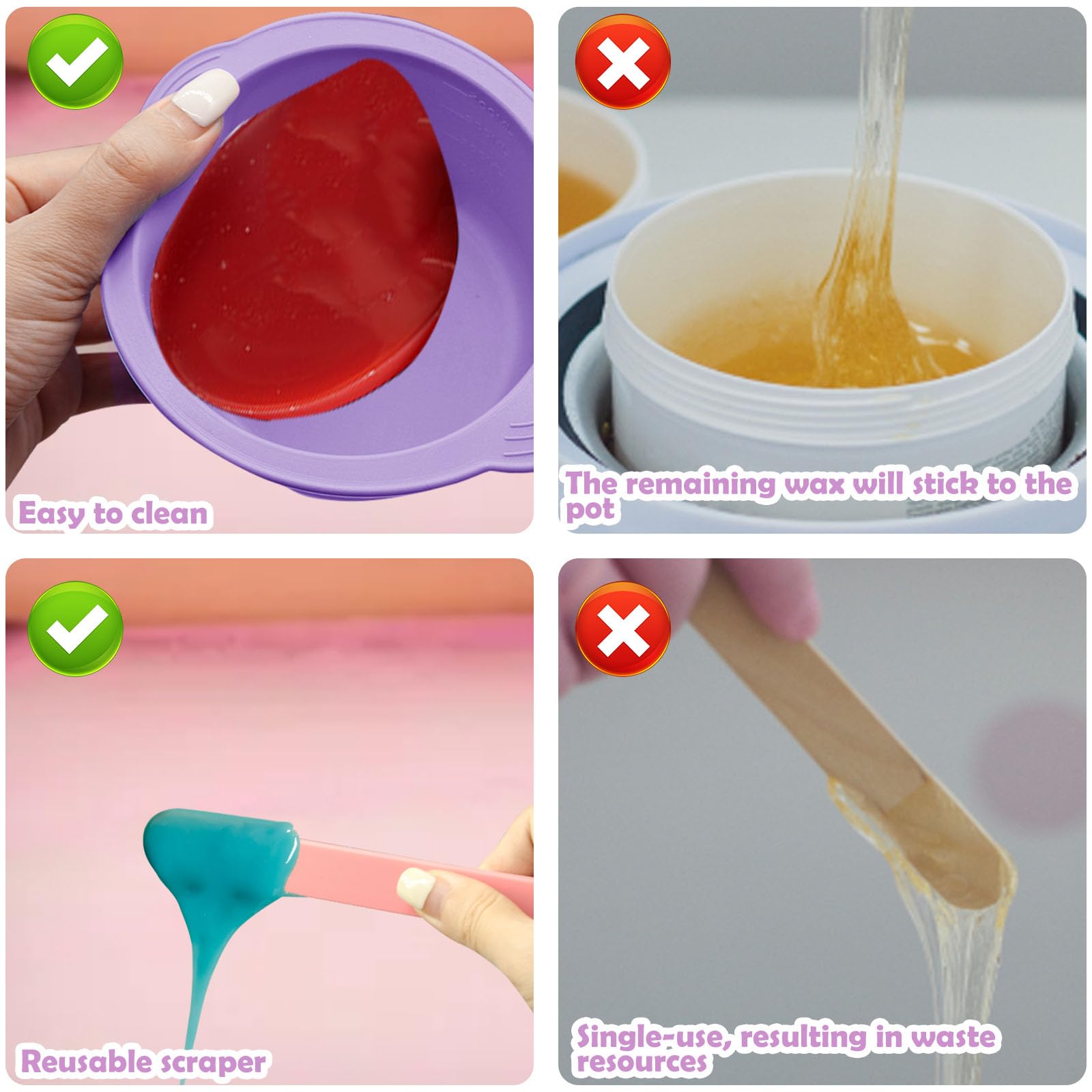 2Pcs Silicone Wax Warmer Liner, Silicone Wax Bowl for Wax Warmer, Non-Stick Wax Melt Warmer Wax Pot Replacement, Reusable Wax Melt Liner with 2 Pcs Wax Spatula Sticks for Hair Removal (Purple, Pink)