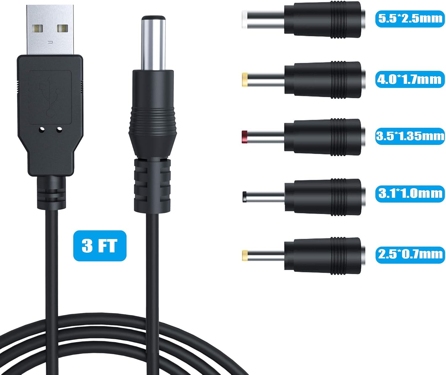 Ancable USB to DC Power Cable 5V Universal, 1M USB to DC 5.5 x 2.1mm Adapter for Fan Router, Speakers with 2.5x0.7mm - Image 4