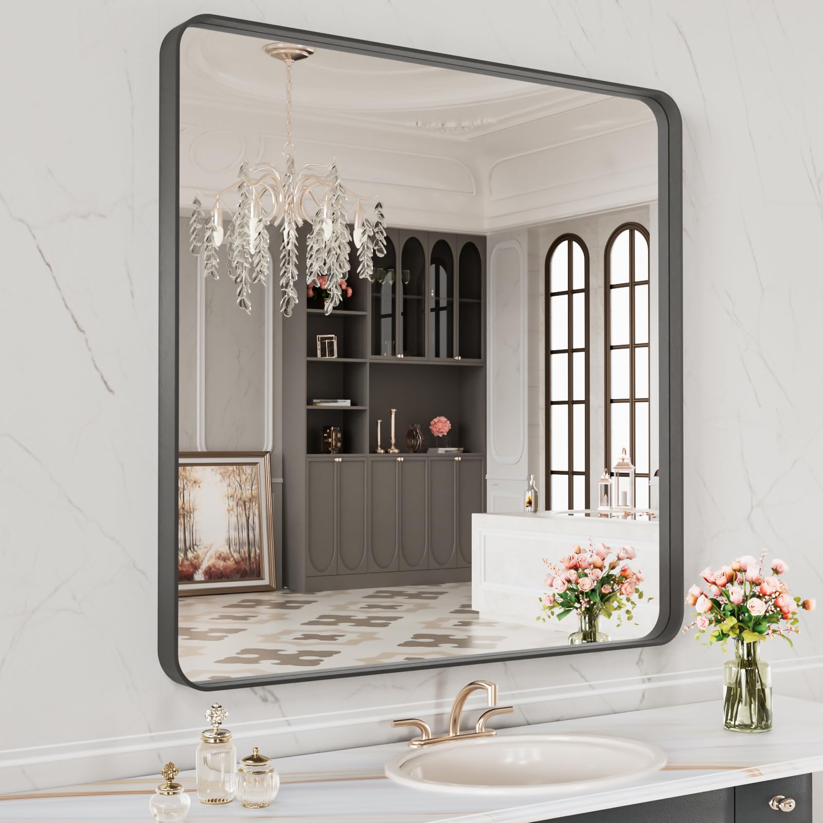 LOAAO 32X32 Inch Black Metal Framed Bathroom Mirror for Wall, Matte Black Bathroom Vanity Mirror Farmhouse, Anti-Rust, Hangs Horizontally or Vertically Image LOAAO 32X32 Inch Black Metal Framed Bathroom Mirror for Wall, Matte Black Bathroom Vanity Mirror Farmhouse, Anti-Rust, Hangs Horizontally or Vertically Image