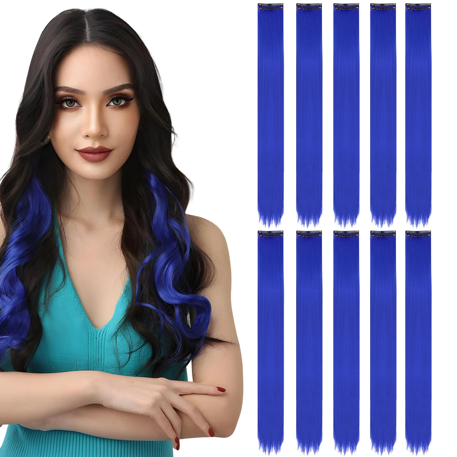 KHDULQ 10 Pcs Hair Extensions Clip In Real Hair, Blue Hair Extensions, Clip In Human Hair Extensions, Party Highlight Colored Hair Stripes, Cosplay Gift