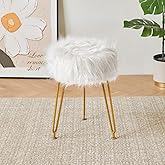 IBUYKE Faux Fur Vanity Stool Chair, Furry Makeup Stool Ottoman, Soft Padded Seat, Round Footrest Footstools with 4 Metal Legs, for Living Room Bedroom Entryway, White LG-32W