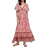 R.Vivimos Women's Summer V Neck Maxi Dress Boho Floral Print Short Sleeve Elastic Waist Ruffle Patchwork A-Line Beach Dress
