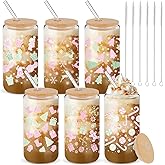 Acellegic 6 Set Holiday Christmas Glass Cups Gift 16Oz Winter Drink Glasses with Lid Straw Santa Iced Coffee Glass Tumbler Gift for Holiday New Year Women Coworker Employee Appreciation (Pink)