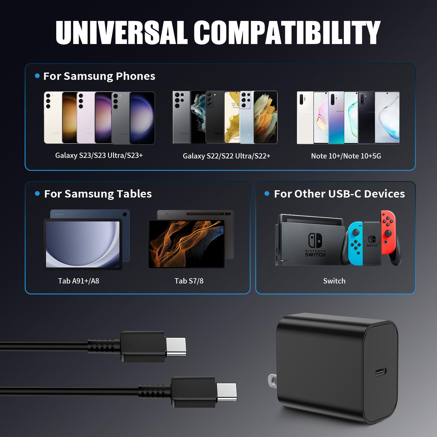 3Pack 45W USB C Charger for Samsung Galaxy S24 Ultra, Super Quite Fast Charging Type C Block with 6FT C to C Cord for Samsung Galaxy Tab S9 S8 S23 Ultra S22 Ultra S23 S22 S21 Note 10 Plus 20