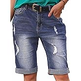 Flamingals Women's Ripped Rolled Hem Denim Bermuda Shorts Without Belt Mid Waist Casual Shorts