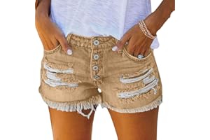 Women's Ripped Denim Jean Shorts Mid Rise 2026 Summer Casual Stretchy Vintage Frayed Hem Button Short Pants