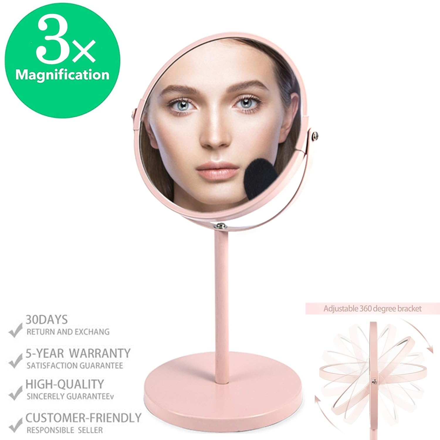 Double-Sided Magnifying Makeup Mirror, Large 6.7-Inch Vanity Makeup Mirror, 1X and 3X Magnifying Mirrors ~ Perfect for Bedroom or Bathroom Vanity, Tabletop Swivel Mirror Pink Powder Coated Finish