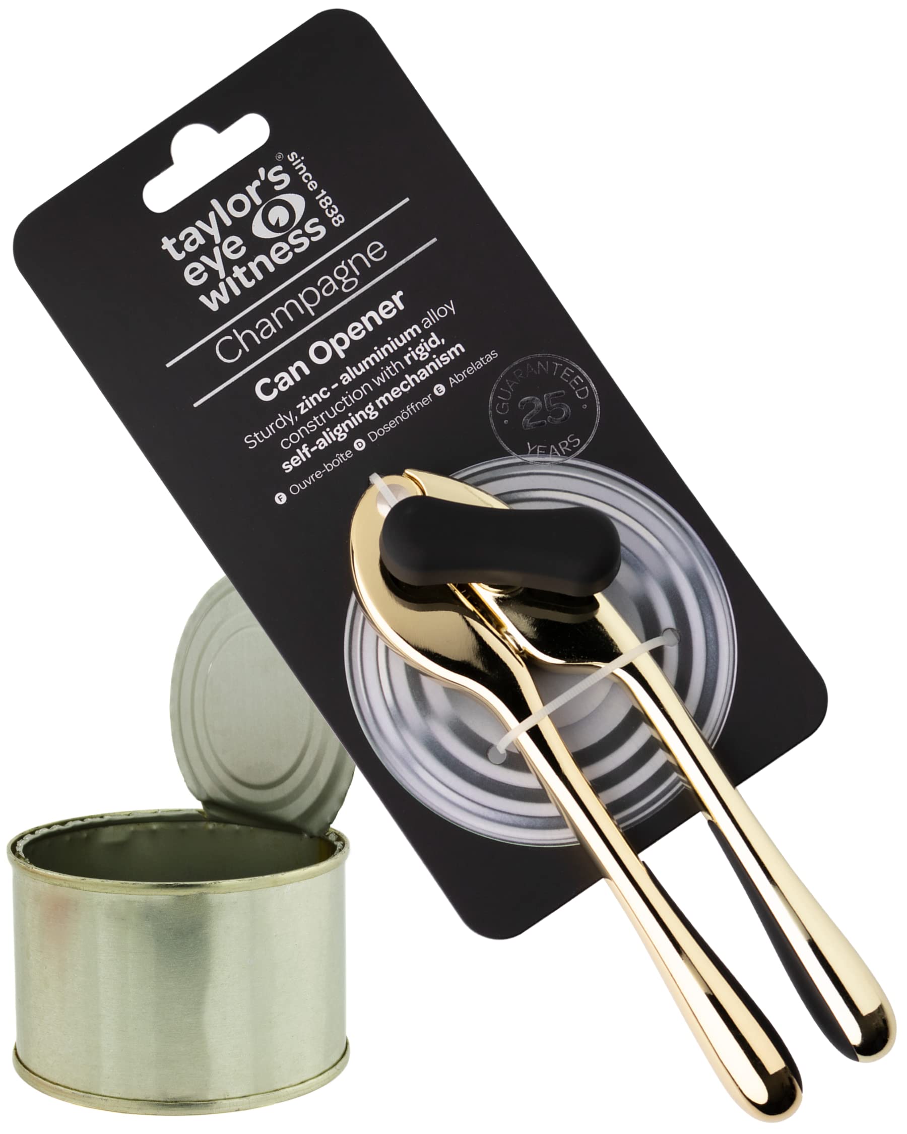 Premium 2-in-1 Manual Can Opener - Taylors Eye Witness, Easy to Use Tin Opener, Perfect Kitchen Gadget Made with Built-in Bottle Opener, Sturdy Zinc Aluminum Construction with Golden Colouring.