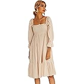 R.Vivimos Women's Summer Cotton Plaid Puff Sleeves Bow Casual Off-Shoulder Boho Midi Dress