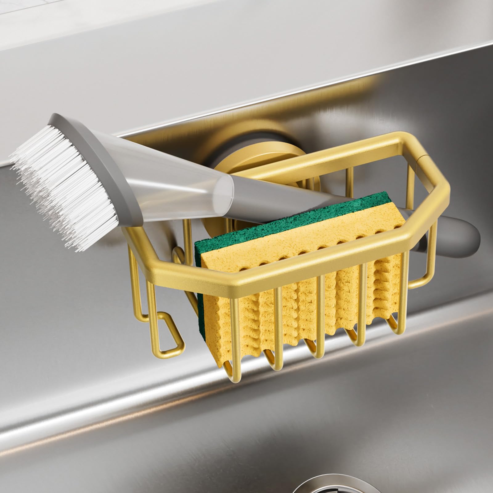 Photo 1 of TAILI Sponge Holder for Kitchen Sink with Strong Suction Cup Removable, Rustproof Aluminum Sink Caddy for Sponge, Brush, Scrubber, Scraper -Gold