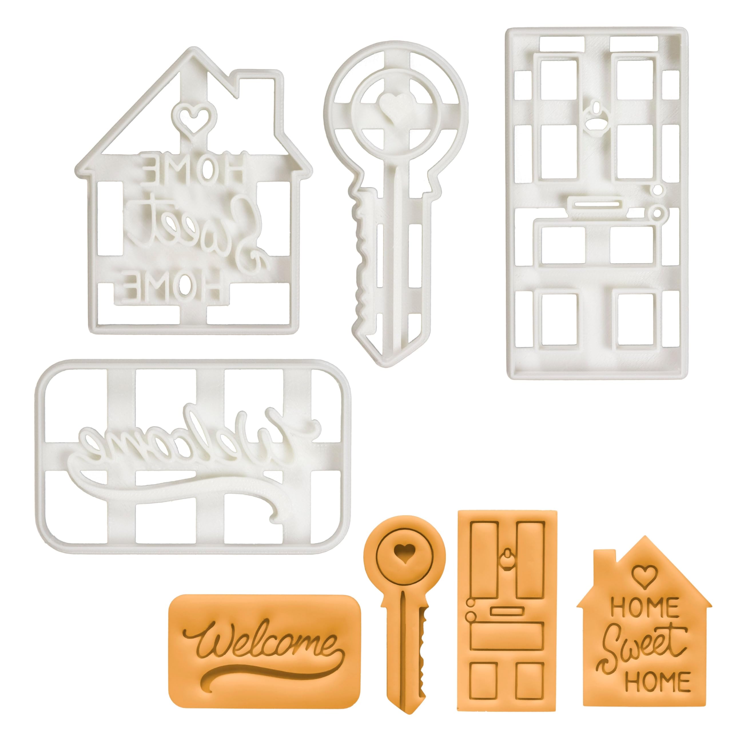 BAKERLOGY Set of 4 Housewarming Cookie Cutters (Home Sweet Home, House Door, House Key, and Welcome Mat) - Detailed Biscuit Cutter Design for Baking and Crafts, Ideal on Fondant, Dough, Clay