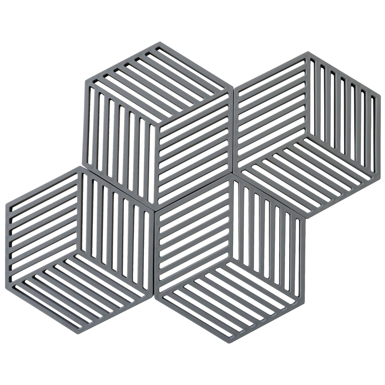 4 Pack Silicone Trivet Mats, Geometric Figure Heatproof Hot Pads Pot Holder, Non Slip Flexible Durable Heat Resistant Coaster Kitchen Countertop Table Mats(Stripe-Grey)