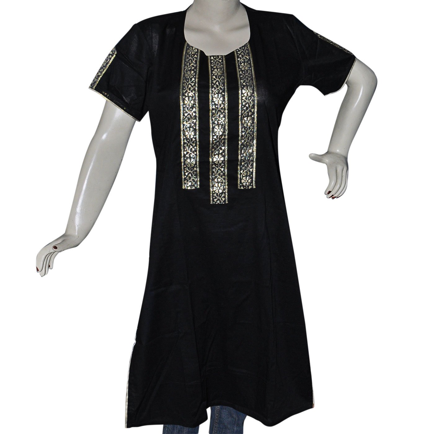 Black Cotton Kurti Golden Lace Design Amazon.co.uk Clothing