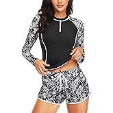 Womens Rash Guard Long Sleeve-Two Piece Swimsuit with Built in Bra Zip Front Swim Shirt and Shorts with Pockets