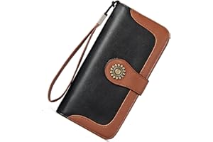 BROMEN Leather Wallets for Women RFID Blocking Large Capacity Credit Card Holder Clutch Purse Wristlet Brown Black