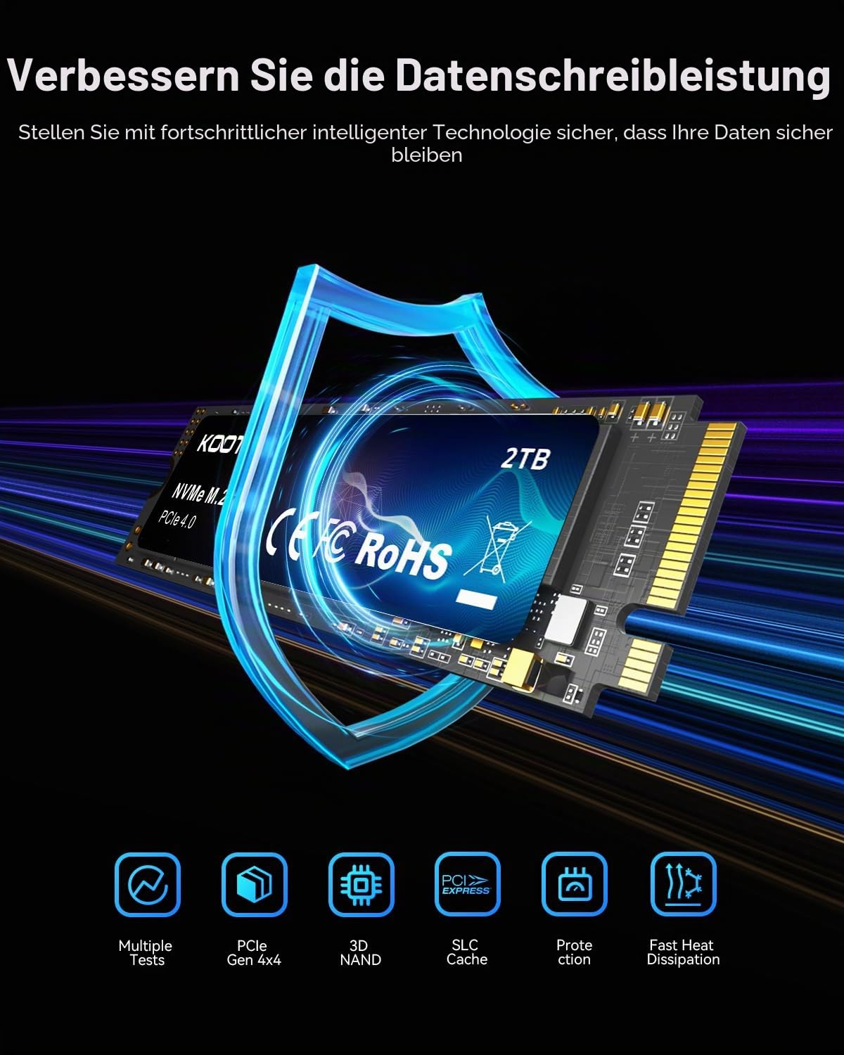 KOOTION SSD 2TB Nvme SSD PCIe 4.0 Interne Festplatte 5200MB/s Lesen, 4500MB/s Schreiben, 2 TB SSD 3D NAND Flash Interne Solid-State-Laufwerk für PS5, Programme, Gaming und Videoschnitt 7