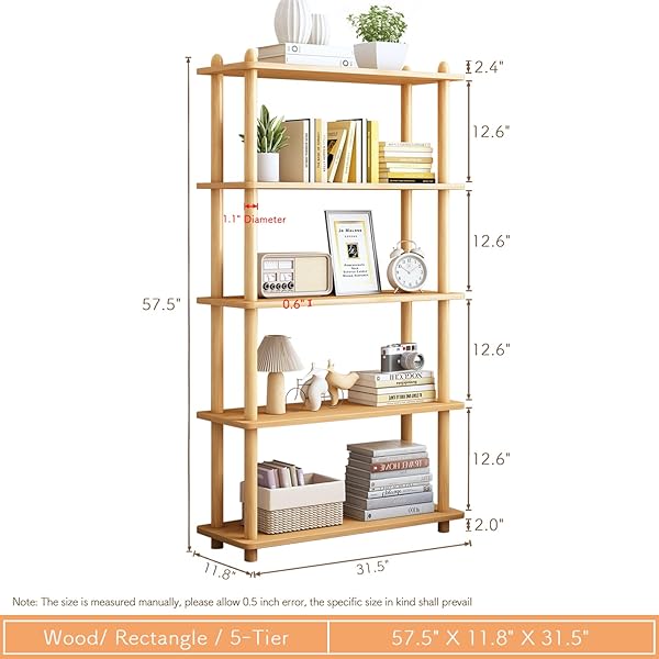 IOTXY 5-TIER WOODEN SHELF BOOKCASE – MODERN OPEN BOOKSHELF, FREE STANDING STORAGE RACK, MULTIFUNCTIONAL DISPLAY STAND FOR HOME AND OFFICE, OAK, RECTANGLE