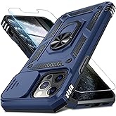 Janmitta Case for iPhone 15 Phone Cover Built in Slide Camera Lens Cover+Screen Protector,Heavy Duty Shockproof Full Body PhoneCase with Finger Ring Holder Kickstand,Blue