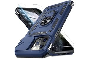 Janmitta Case for iPhone 12 & 12 Pro Phone Cover Built in Slide Camera Lens Cover+Screen Protector,Heavy Duty Shockproof Full Body PhoneCase with Finger Ring Holder Kickstand,Blue