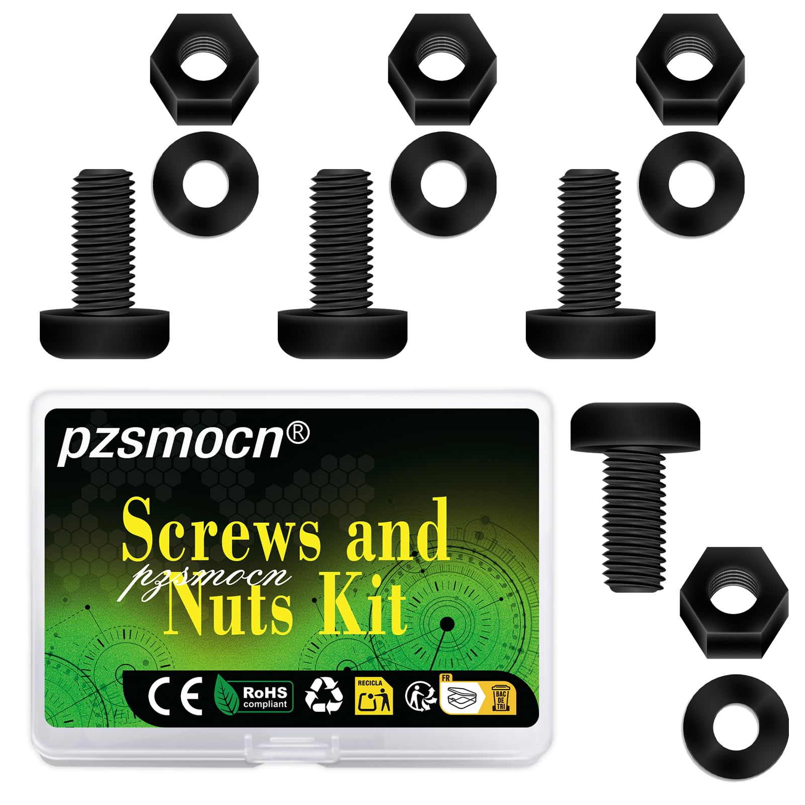 Pzsmocn 300 Pieces/100 Sets M4*10 mm Plastic Black Nylon Cross Round Head Screw Hexagonal Nut Combination Kit, with Insulating Washers, Standard Size, For DIY and Electronic Assembly. — image 1