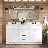 ARIEL Hepburn 66-inch Bathroom Vanity with Sink,Solid Wood, 1.5-inch Italian Carrara Marble Countertop, Double Rectangular Porcelain Sink, 4 Soft Closing Doors, 6 Dovetail Drawers, White