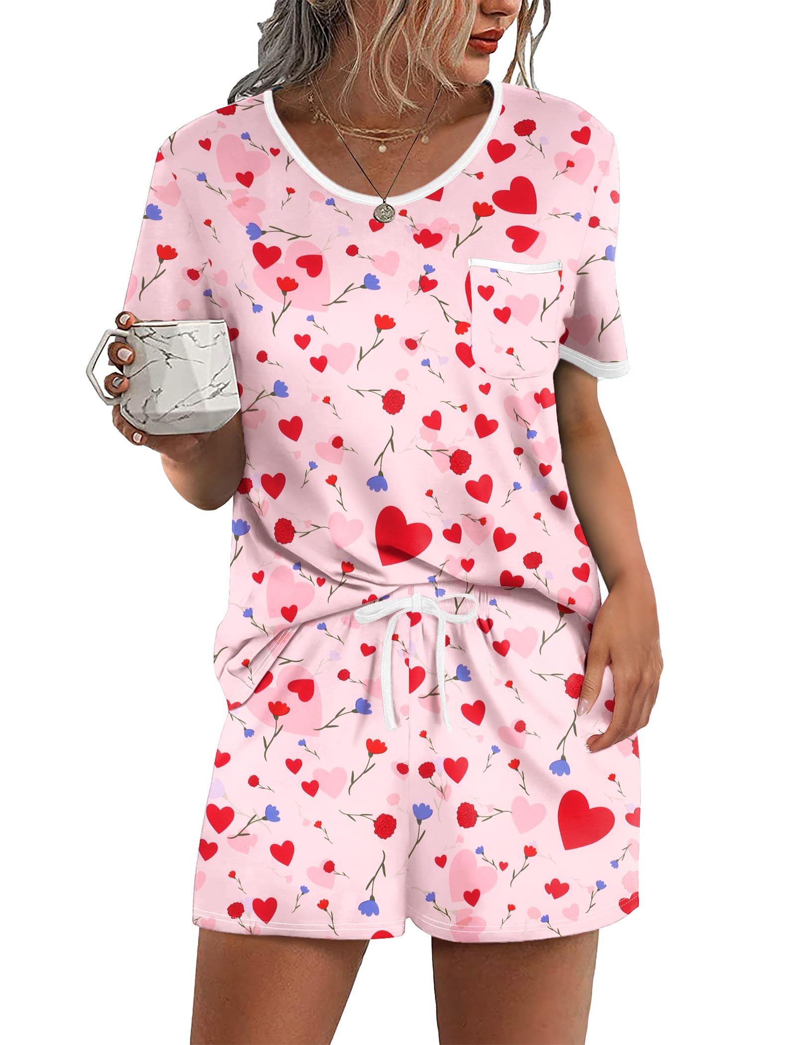 Photo 1 of ****MINOR DAMAGE ON THE SHORTS****   Ekouaer Pajama Set for Women 2 Piece Lounge Set Short Sleeve Tops and Shorts Soft Sleepwear, Chest Pocket, M