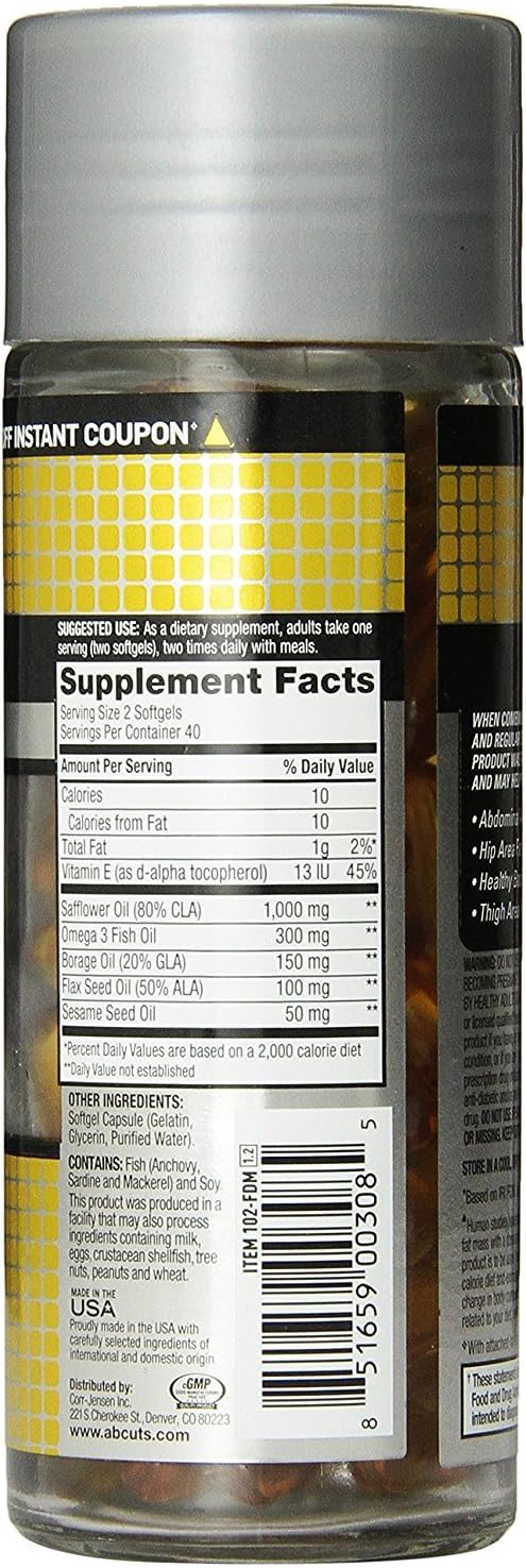 Ab Cuts CLA Belly Fat Formula, Weight Loss Supplement for Men and Women, Fat Burner, Omega 3 Fish Oil, Flaxseed Oil, Vitamin E, 120 Softgels: Health & Personal Care
