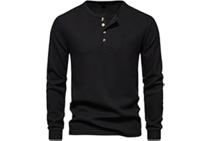 Men's Waffle Knit Henley Shirt Long Sleeve Soft Casual Pullover Top Buttons Solid Color Textured Crew Neck Shirt