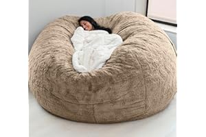 ARSFBII Giant Fur Bean Bag Chair Cover for Kids Adults, (No Filler) Living Room Furniture Big Round Soft Fluffy Faux Fur Beanbag Lazy Sofa Bed Cover (Light Khaki, 6FT)