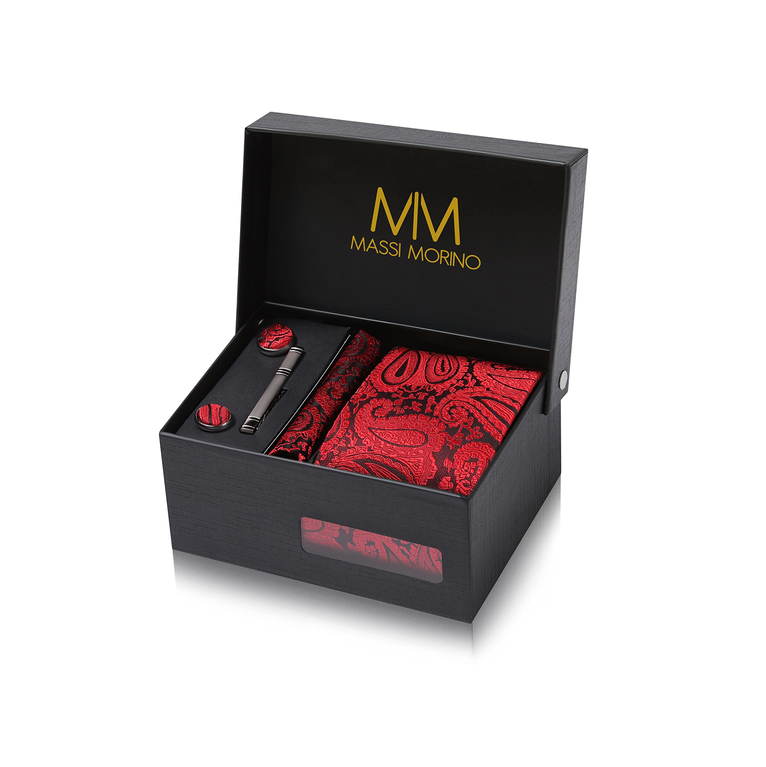 Massi Morino Red Paisley Tie and Pocket Square Set for Men incl. Cufflinks, Tie Clip and Gift Box I Men’s Tie Set for Weddings