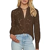 AIMCOO Lace Tops for Women Sheer Long Sleeve Blouses Dressy Casual Button Down Shirts Boho Floral Tops