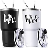 Lifecapido Mr & Mrs Stainless Steel Travel Tumblers Set, Wedding Gifts for Couples - His & Her Gifts, 30oz, Black & White