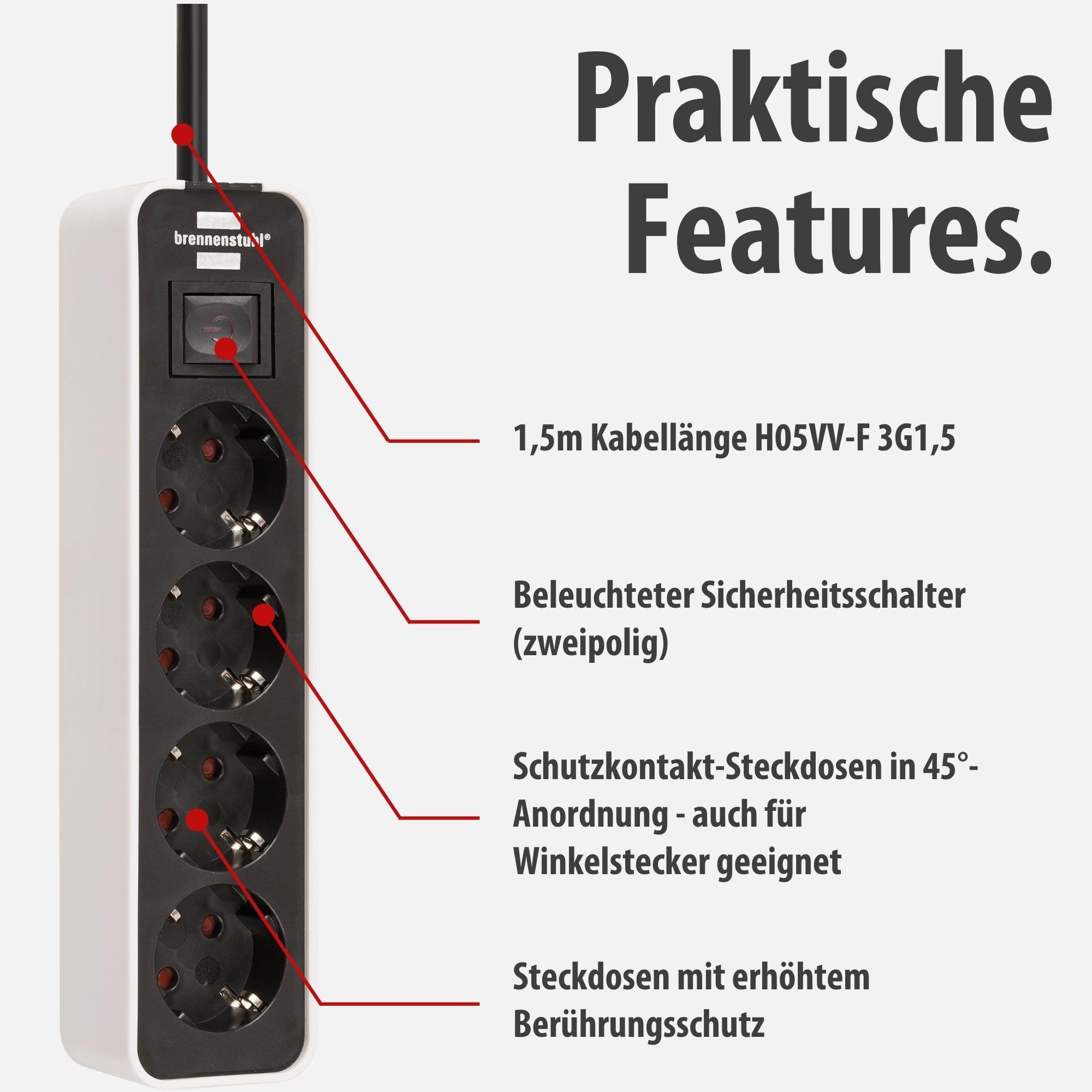 Brennenstuhl Ecolor Steckdosenleiste 4-Fach (Mehrfachsteckdose mit Schalter und 1,5m Kabel) schwarz/weiß 3