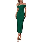 PRETTYGARDEN Summer Dresses for Women Formal Off The Shoulder Midi Bodycon Ribbed Knit Spring Wedding Guest Dress
