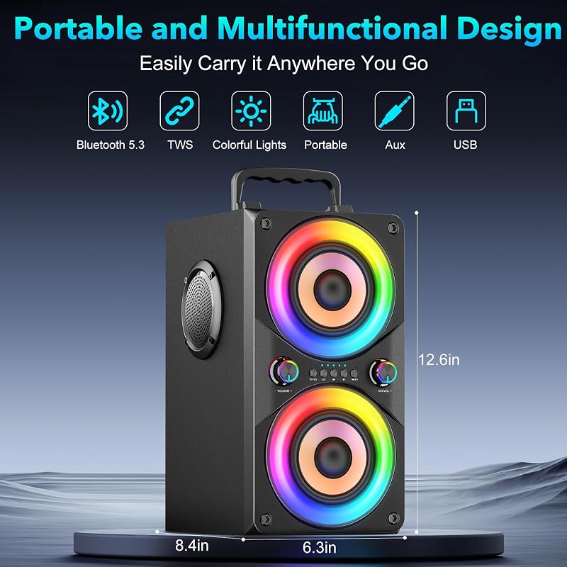 Altoparlante Bluetooth portatile da 100 W, con subwoofer e luce LED, potente boombox con bassi potenti, cassa in legno e TWS per feste all'aperto