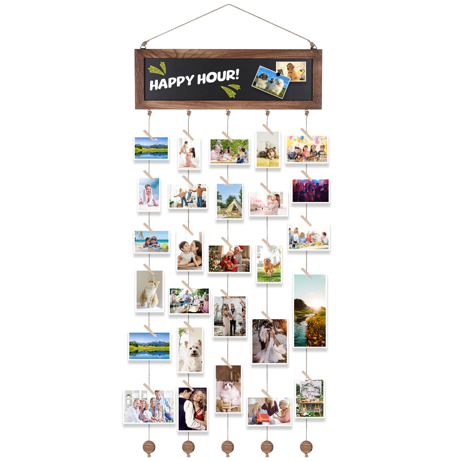 Photo Frames Multiple Pictures, Hanging Photo Display with 30 Clips Photo Display Board for Hanging Prints, DIY Wood Picture Frames Collage for Wall Decor