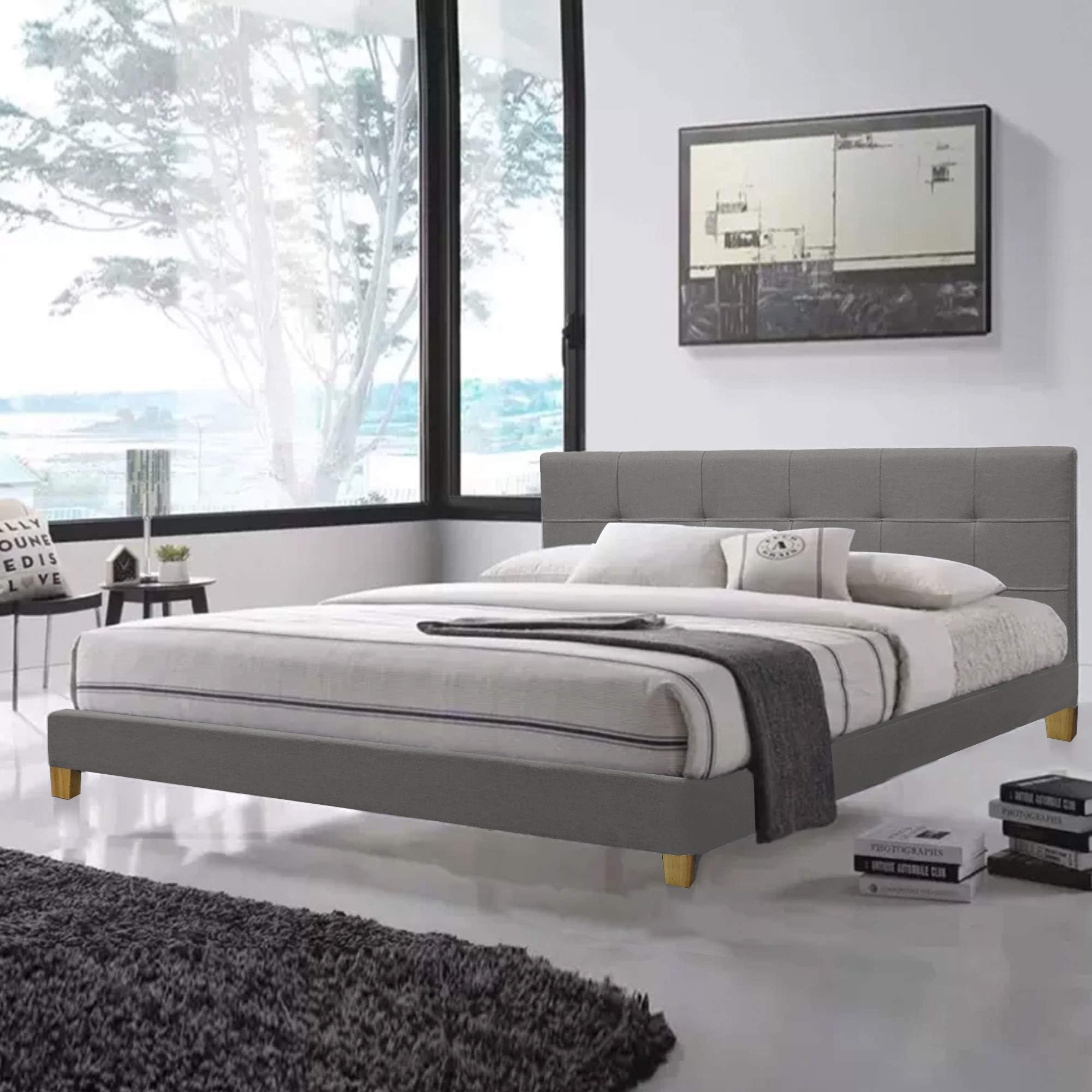 All About Chairs Modern ELIANE Fabric Bed Frame with Soft Headboard,Multiple Size to Choose (Grey, King size)