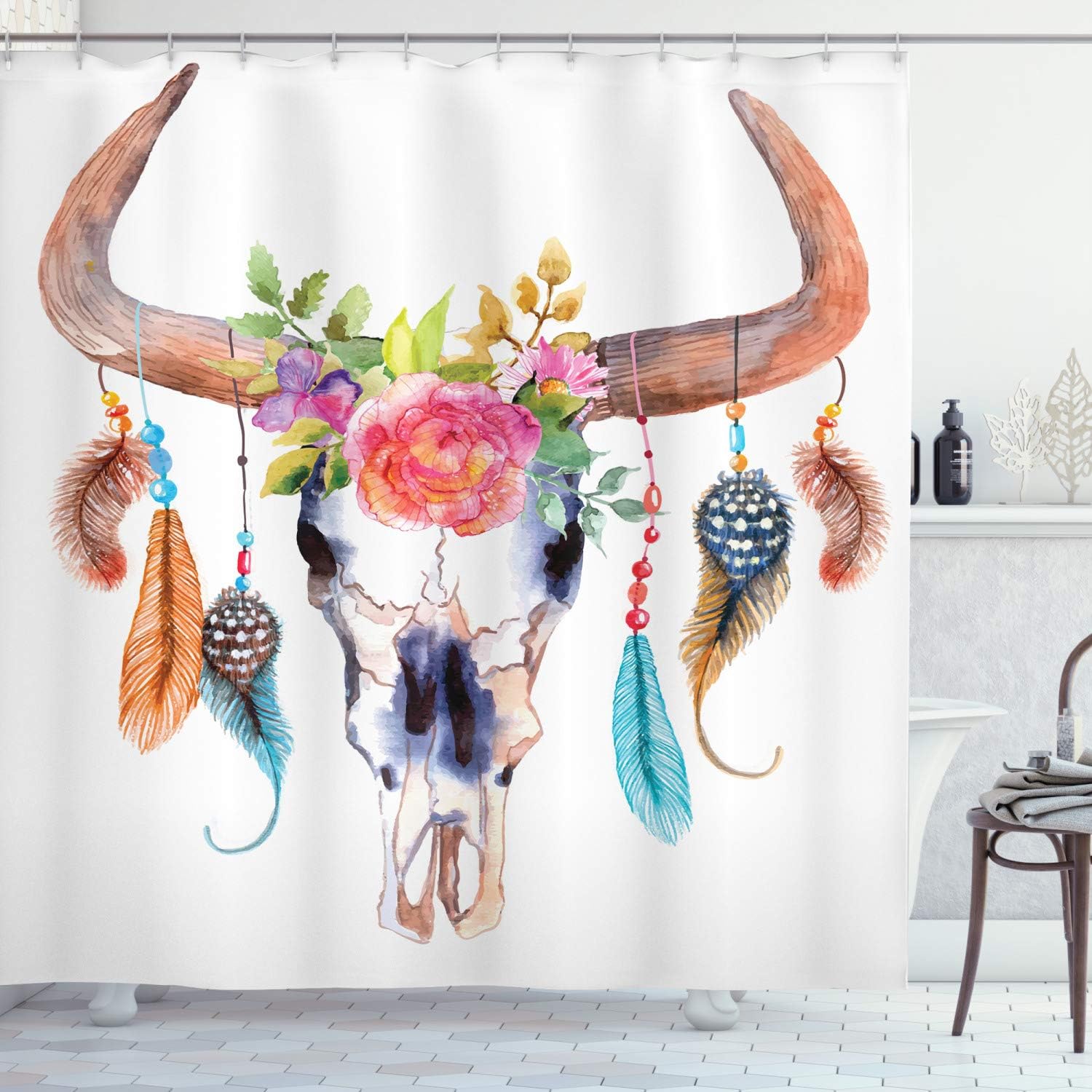 Ambesonne Watercolor Shower Curtain, Bull Skull with Hanging Flower Feathers Inspired Design, Cloth Fabric Bathroom Decor Set with Hooks, 70" Long, White Pink