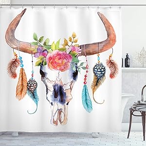 Ambesonne Watercolor Shower Curtain, Bull Skull with Hanging Flower Feathers Inspired Design, Cloth Fabric Bathroom Decor Set with Hooks, 70" Long, White Pink