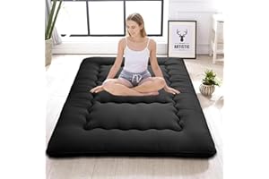 DELADOLA Japanese Floor Mattress,Thicken Japanese Floor Sleeping Pad Foldable,Roll Up Tatami Mat Easy to Store and Portable,Futon Mattress Suitable for Camping and Guest Room (Black, Twin (80" x 36"))