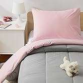 Amazon Basics Kids' 3-Piece Lightweight Cotton Shell Reversible Comforter Set with Pillow Sham, USTCP Certified, Twin, Candy Pink and Grey