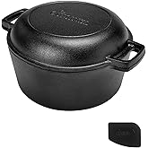 Cast Iron Double Dutch Oven - Pre-Seasoned 5-Quart Set – 2-in-1 Multi-Cooker: 5-Qt Deep Pot + 10" Skillet - Frying Pan Conver