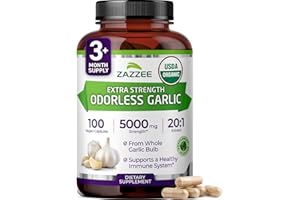 Zazzee USDA Organic Odorless Garlic 20:1 Extract, 5000 mg Strength, 100 Vegan Capsules, 3+ Month Supply, Standardized, Concentrated 20X Extract, 100% Vegetarian, All-Natural, Non-GMO, Made in The USA