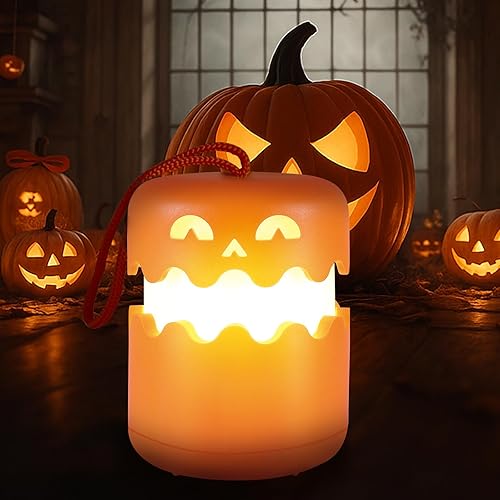Xyxu Halloween Decorations Pumpkin Night Light, Rechargeable Cute Collapsible Pumpkin Lantern Light -1500mAh Dimmable Anti-Glare, Double-Sided Design with Lanyard Halloween Gift for Kids, Boys, Girls