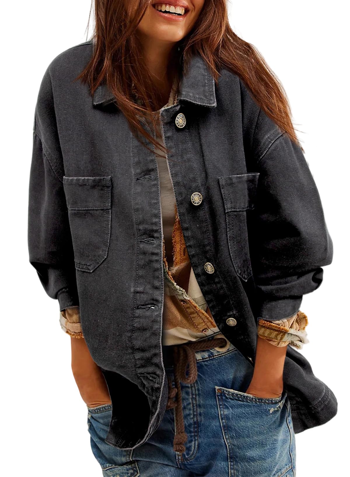 Photo 1 of (2xl) (bagged) Sidefeel Women's Jean Jacket Oversized Boyfriend Button Up Long Sleeve Denim Jackets, Black, 2X-Large